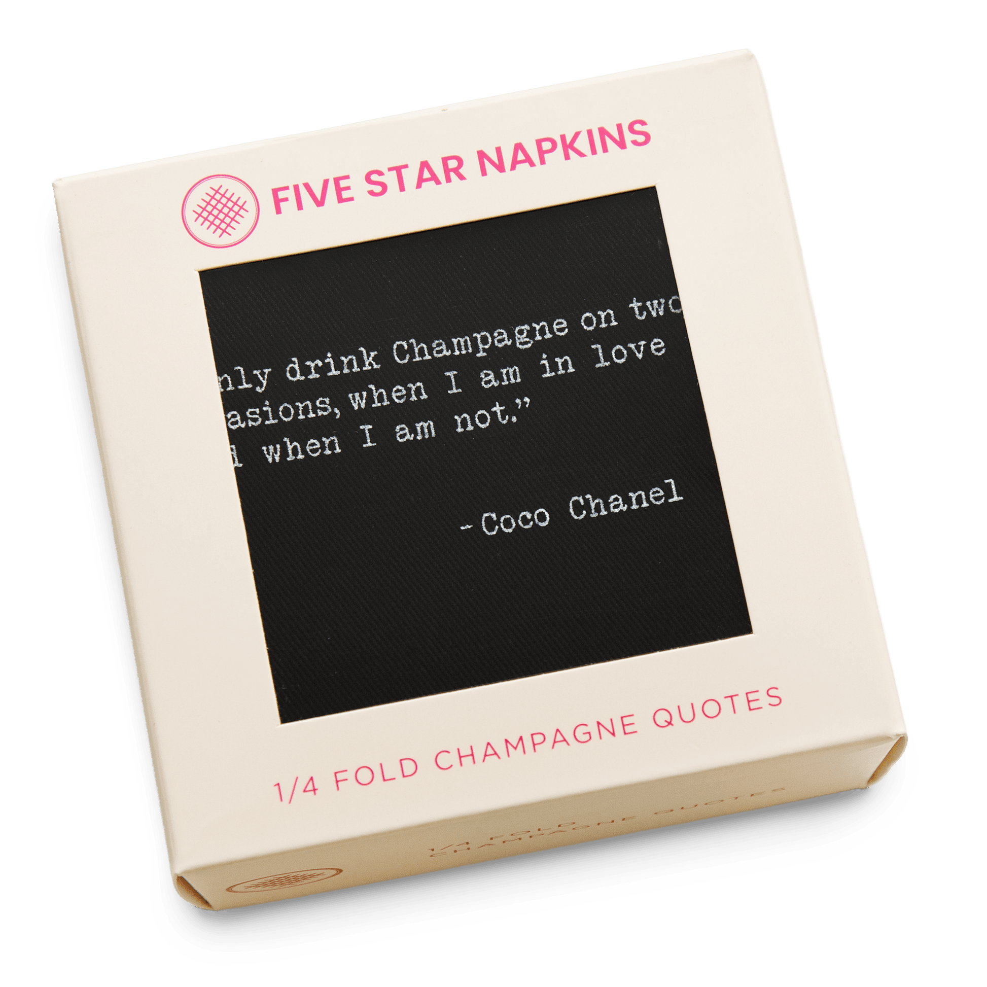 Gift box from Five Star Napkins' Champagne quote collection, showing a quarter-fold organic cotton cocktail napkin, black, printed with the Coco Chanel quote "I only drink Champagne on two occasions, when I am in love and when I am not"