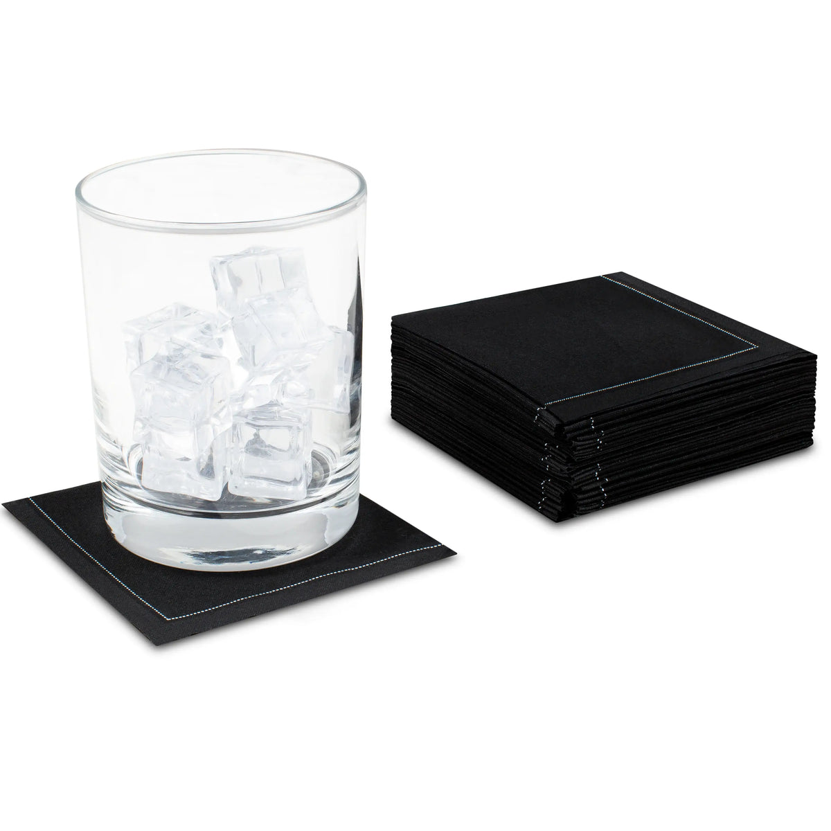 Black organic cotton cocktail napkins, 1/4 fold, with glass of ice cubes