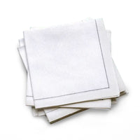Stack of white organic cotton cocktail napkins in a quarter fold with a stitched border, by Five Star Napkins.