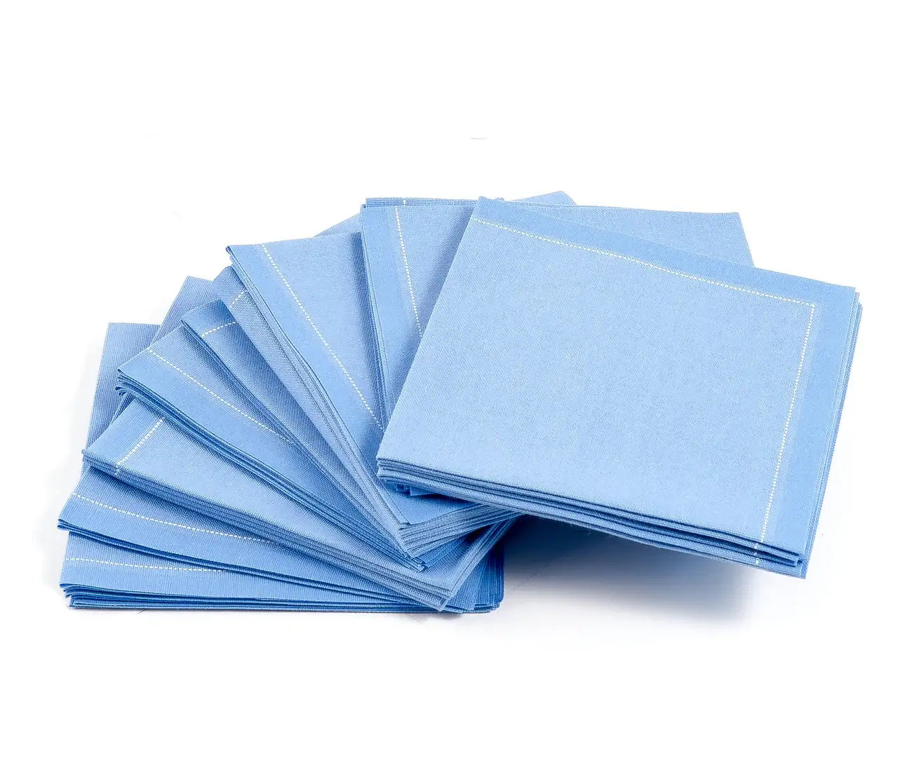 Stacked Sea Blue 1.4 Fold organic cotton napkins with white stitching on white background