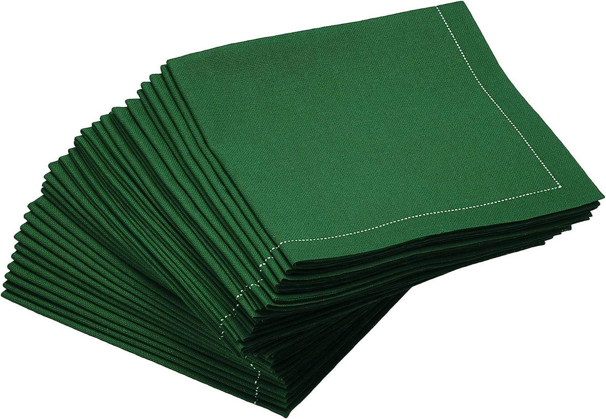 Stack of organic cotton cocktail napkins in Toreador color with stitched border