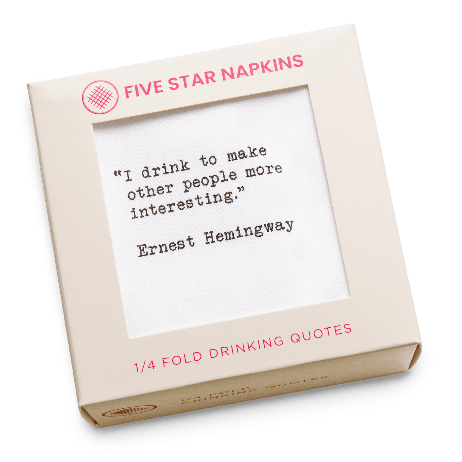 Kraft gift box from Five Star Napkins' Drinking Quotes First Edition collection, showing a quarter-fold organic cotton cocktail napkin printed with the quote "I drink to make other people more interesting"