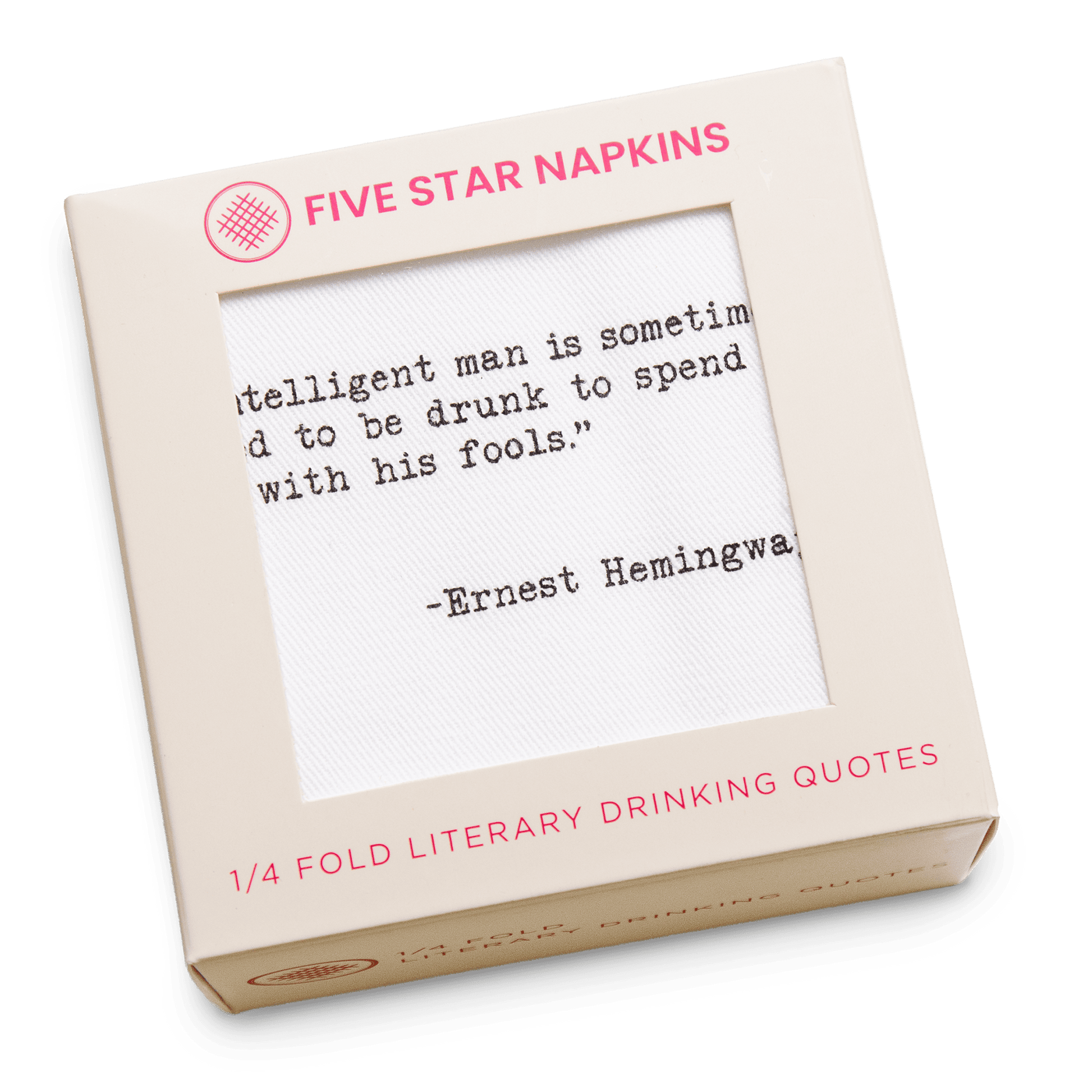 Kraft gift box from Five Star Napkins' Drinking Quotes Second Edition collection, showing an organic cotton quarter-fold napkin printed with the quote "An intelligent man is sometimes forced to be drunk to spend time with his fools"