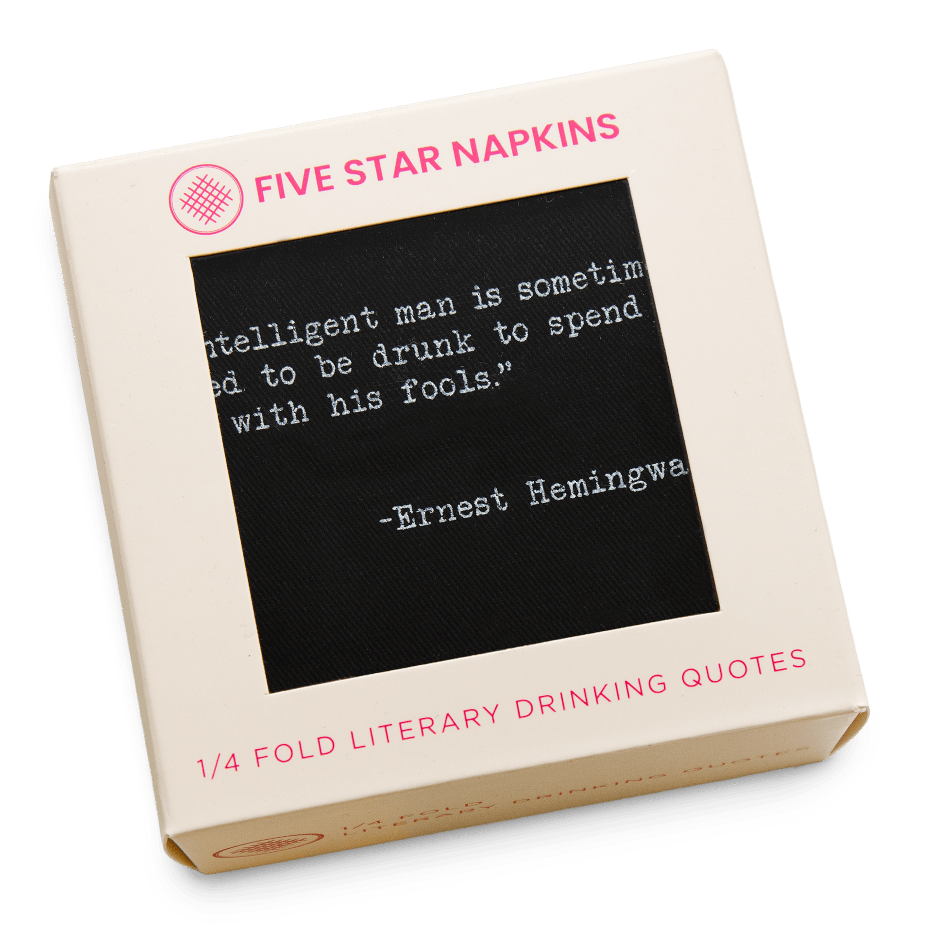 Kraft gift box from Five Star Napkins' Drinking Quotes Second Edition collection, showing an organic cotton quarter-fold napkin, black, printed with the quote "An intelligent man is sometimes forced to be drunk to spend time with his fools"