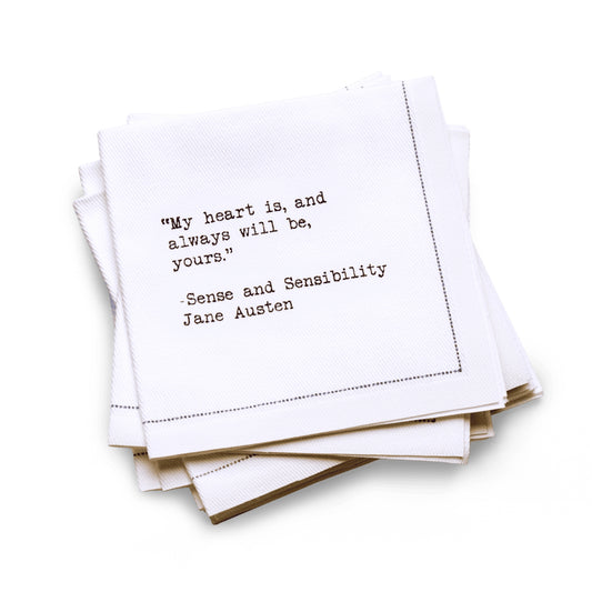 Quarter-fold organic cotton cocktail napkin with black dotted border printed with the quote “My heart is, and always will be, yours,” – Sense and Sensibility, Jane Austen, from Five Star Napkins' Love quote collection