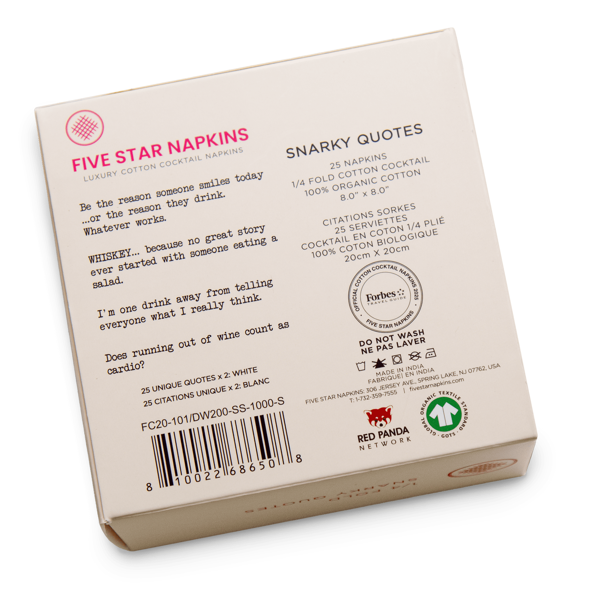 Back of the gift box from Five Star Napkins' Snarky quote collection, showing quarter-fold organic cotton cocktail napkin product details and the Forbes Travel Guide seal