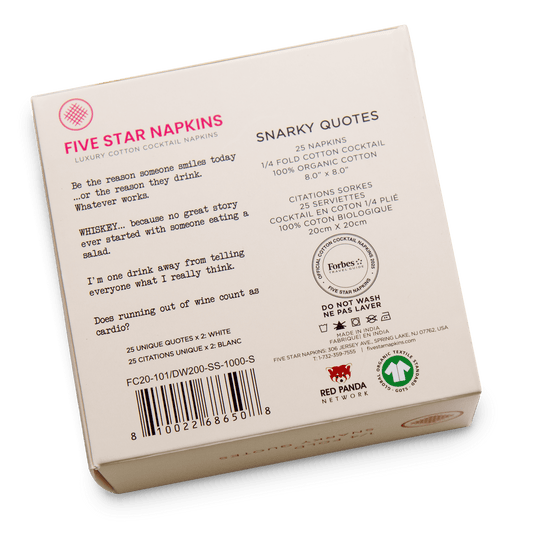Back of the gift box from Five Star Napkins' Snarky quote collection, showing quarter-fold organic cotton cocktail napkin product details and the Forbes Travel Guide seal