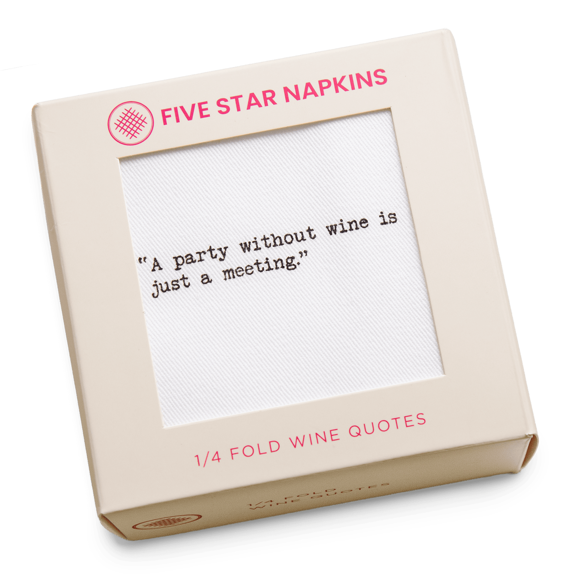 Gift box from Five Star Napkins' Wine quote collection, showing a quarter-fold organic cotton cocktail napkin printed with the quote "A party without wine is just a meeting"