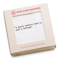 Gift box from Five Star Napkins' Wine quote collection, showing a quarter-fold organic cotton cocktail napkin printed with the quote "A party without wine is just a meeting"