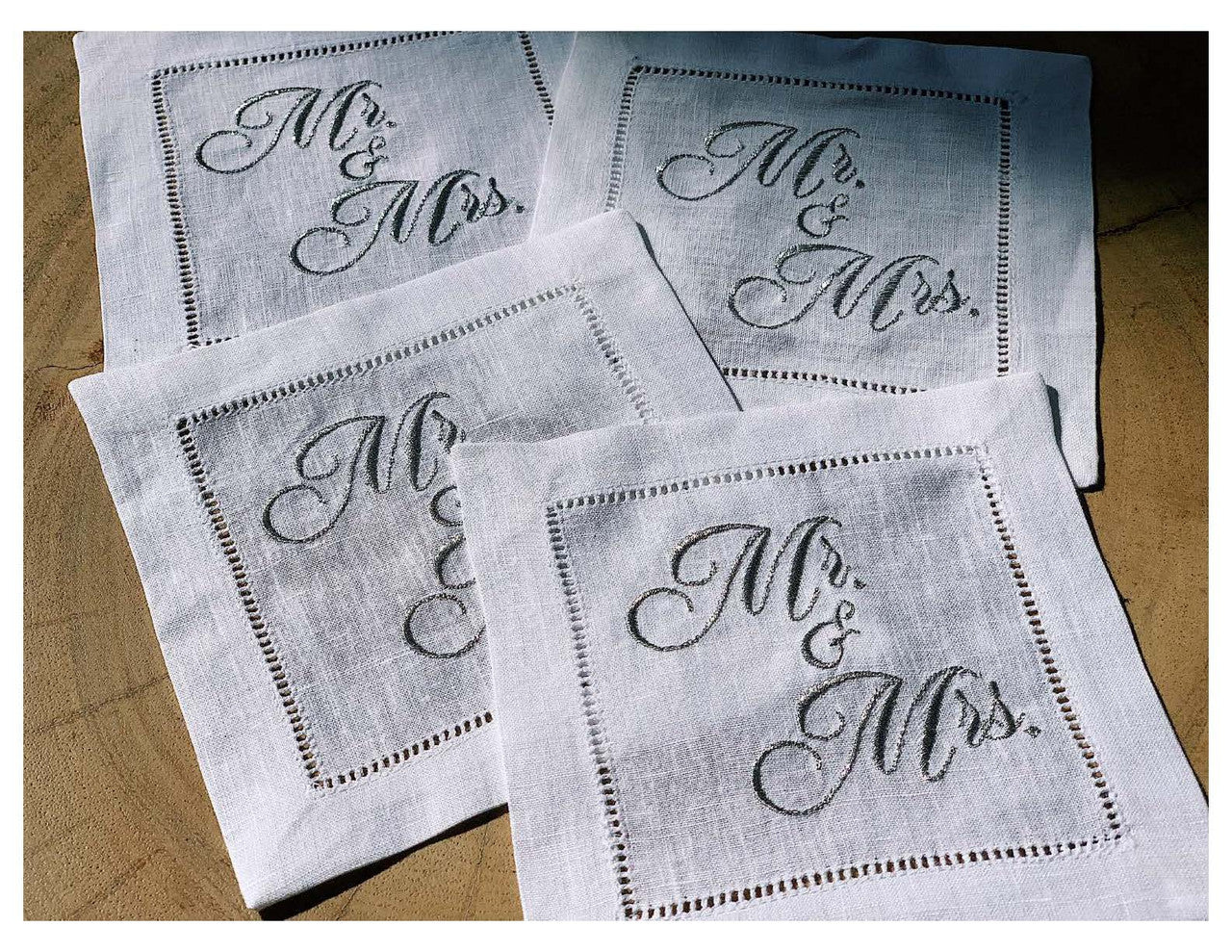 Embroidered Linen Cocktail with Hemstitch - "Mr. & Mrs." (Silver) - 5.75" x 5.75" - 4 Units per Pack