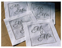 Set of four Silver organic cotton cocktail napkins with 'Mr. & Mrs.' embroidered quote