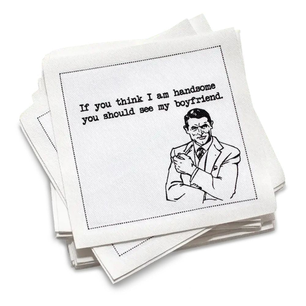 Stack of white cocktail cotton napkins with a humorous illustration and text on a white background