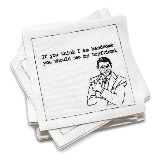 Stack of white cocktail cotton napkins with a humorous illustration and text on a white background