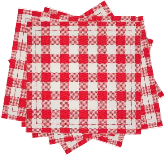 Five Star Napkins Red Vichy Cotton Cocktail Napkins, stack of red vichy patterned cocktail napkins, 4.5" x 4.5", Single Use, 50 Napkins Per Pack