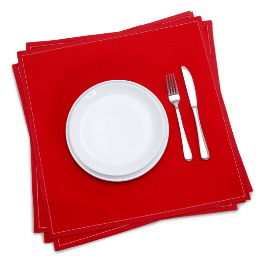 Red luxury organic cotton dinner napkins with white plate and silverware, Five Star Napkins