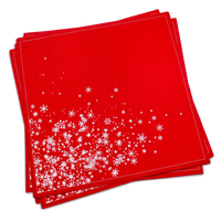 Stack of red organic cotton dinner napkins with white snowflake cascade pattern, by Five Star Napkins.