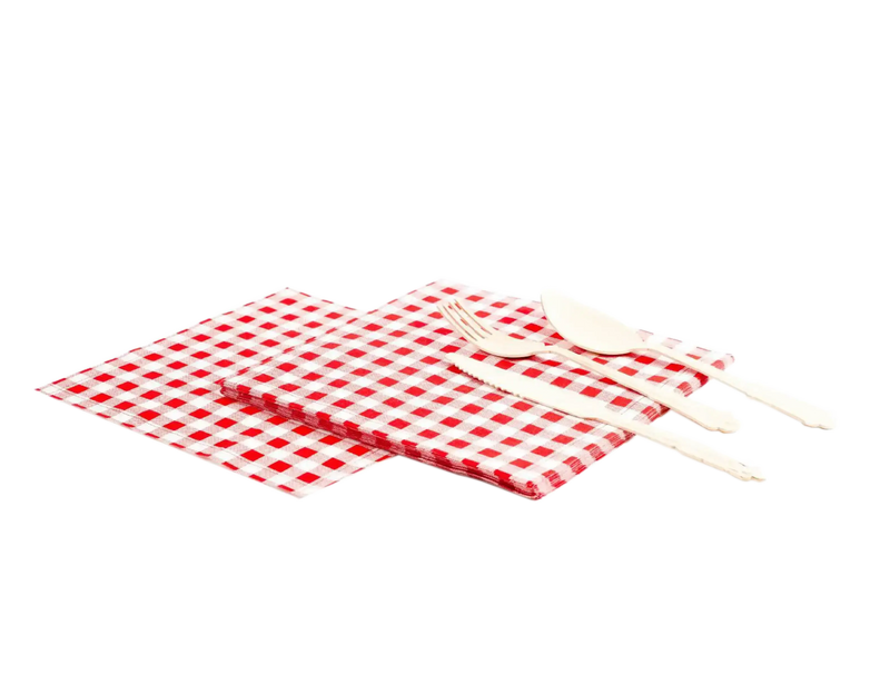 Red gingham cotton luncheon napkins with cutlery, luxury tableware by Five Star Napkins