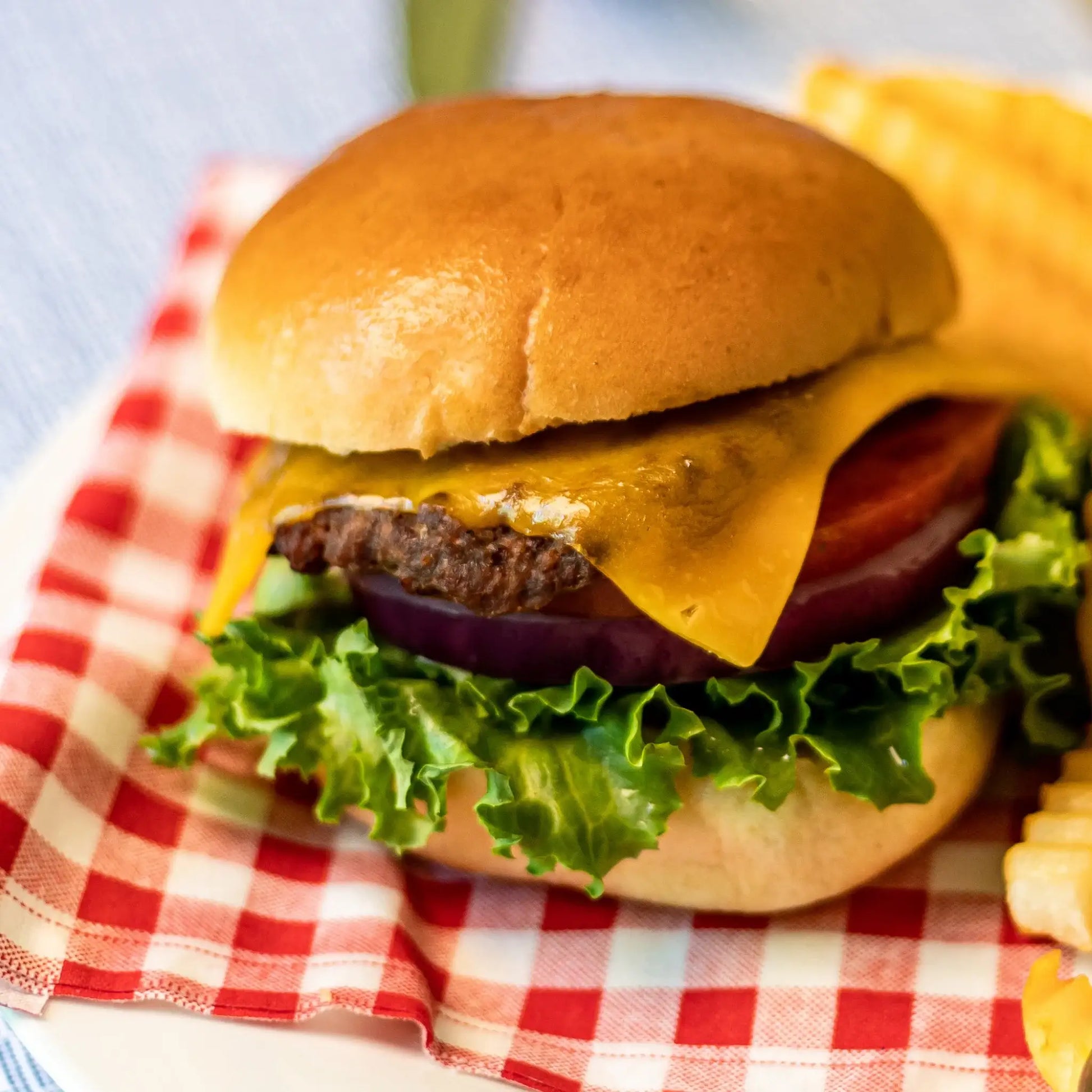 Burger and fries on organic cotton Persimmon check napkin, picnic table setting