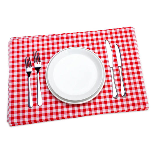 Red and white gingham organic cotton placemat set with a white dinner plate and polished flatware, by Five Star Napkins.