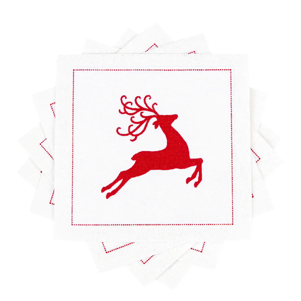 Close-up of a white organic cotton cocktail napkin with a red embroidered leaping reindeer design, by Five Star Napkins.
