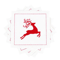 Close-up of a white organic cotton cocktail napkin with a red embroidered leaping reindeer design, by Five Star Napkins.