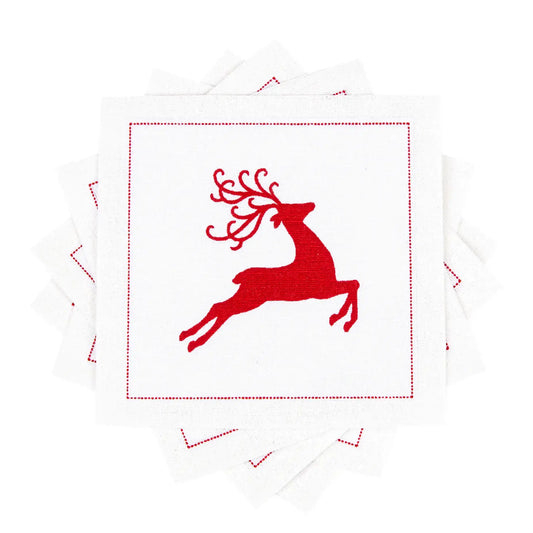Close-up of a white organic cotton cocktail napkin with a red embroidered leaping reindeer design, by Five Star Napkins.