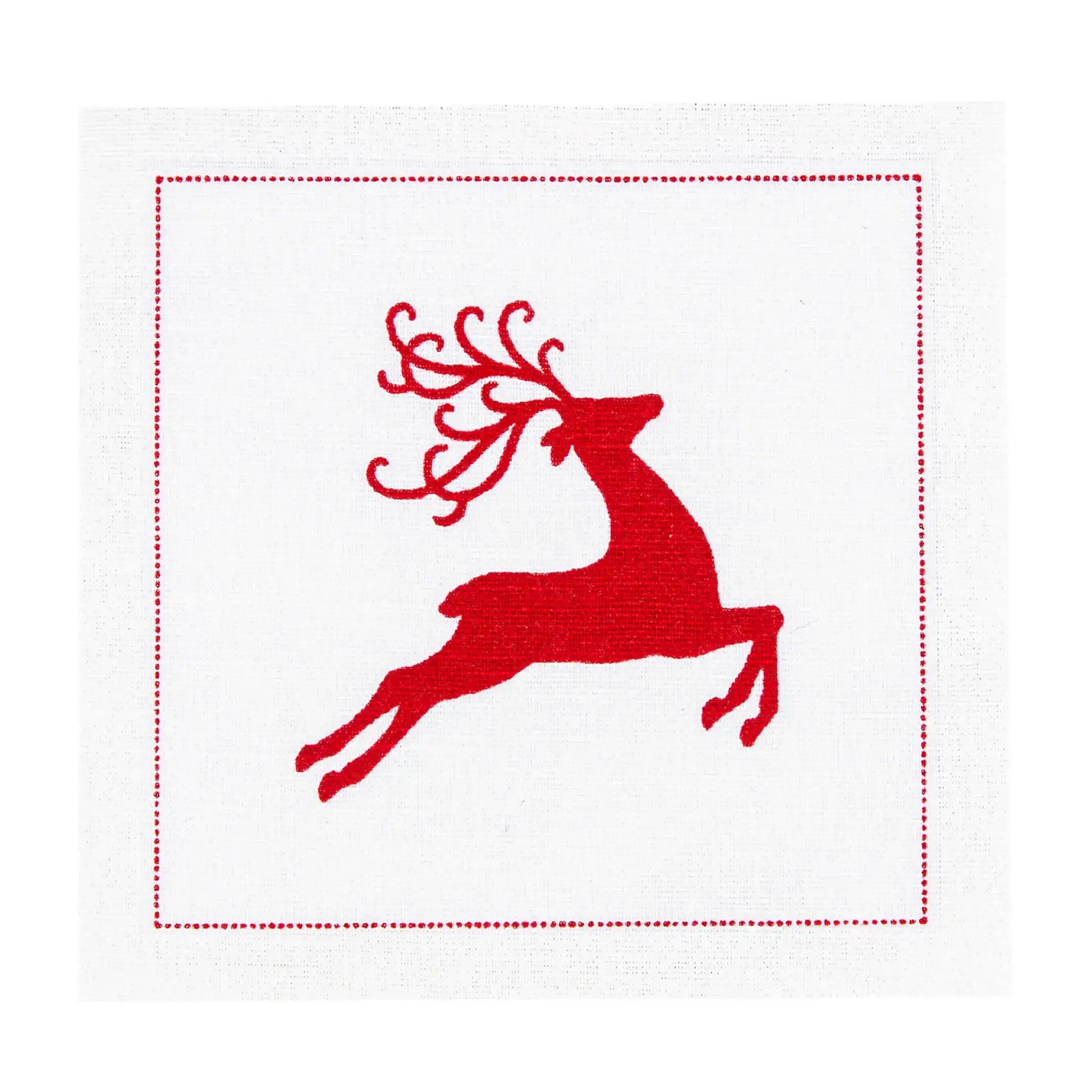 organic cotton napkin with red reindeer design and red dotted border