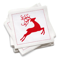Luxury white cocktail napkins with red reindeer design, holiday organic cotton napkins