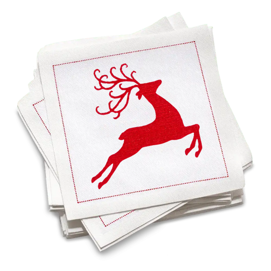 Luxury white cocktail napkins with red reindeer design, holiday organic cotton napkins