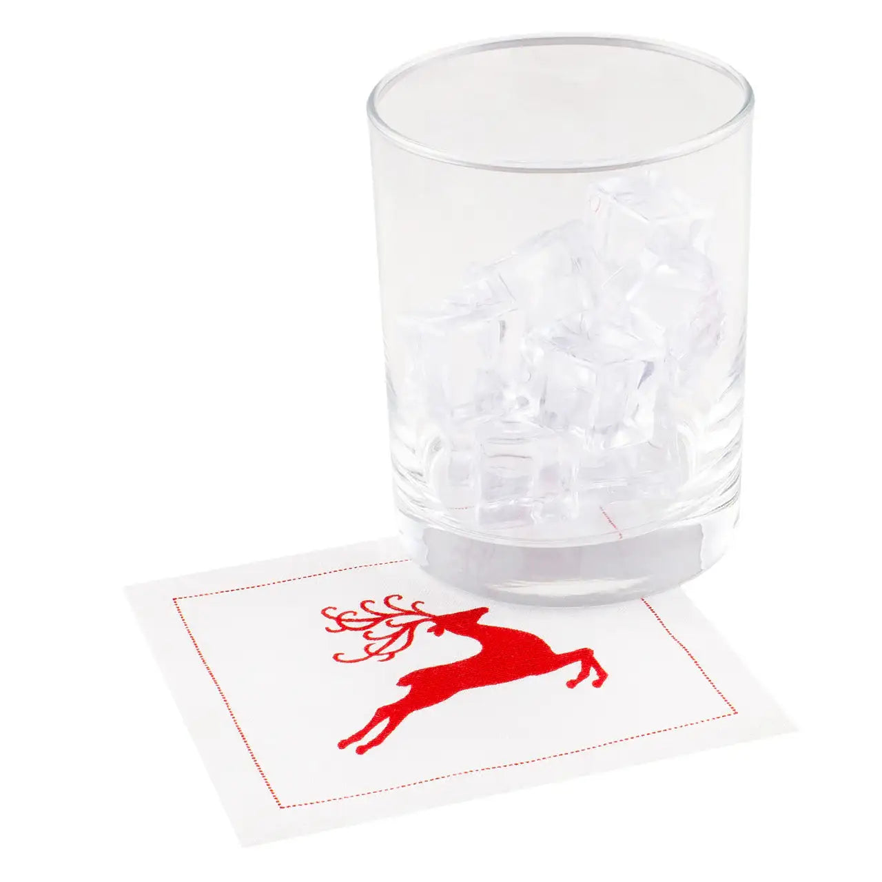 Organic cotton cocktail napkin with red reindeer design under a glass with ice cubes