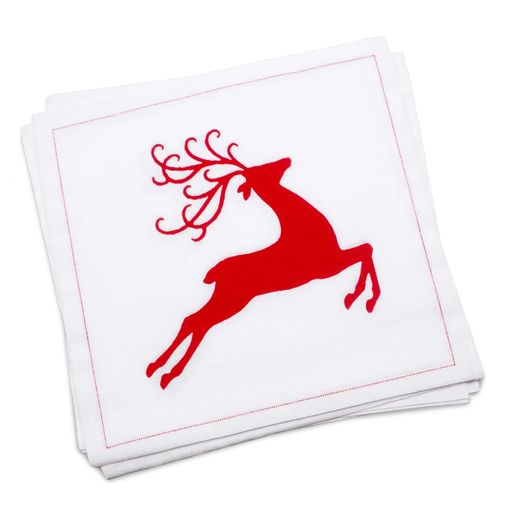 Stack of white organic cotton luncheon napkins printed with a red leaping reindeer silhouette, by Five Star Napkins.