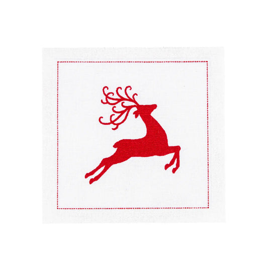 organic cotton cocktail napkin with red reindeer motif and stitched border