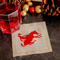 Luxury organic cotton cocktail napkin with red cowboy and horse print, festive drink, holiday decor
