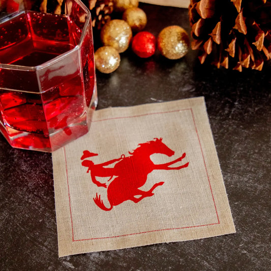 Luxury organic cotton cocktail napkin with red cowboy and horse print, festive drink, holiday decor