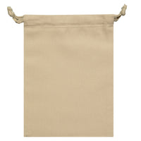 Sand color organic cotton pouch with drawstring closure, flat lay