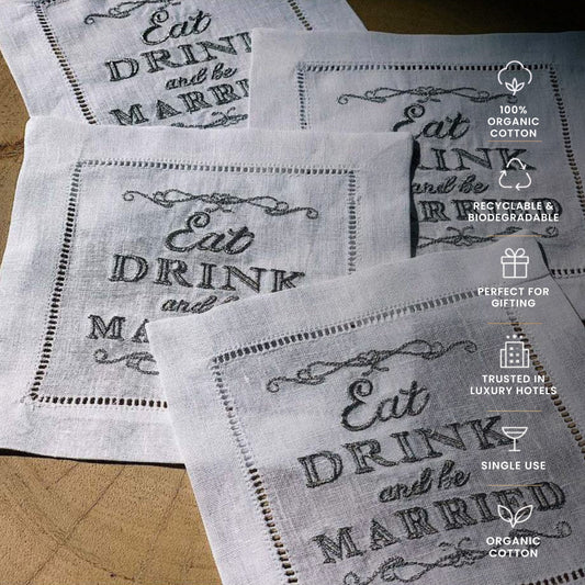 Embroidered Linen Cocktail with Hemstitch - "Eat, Drink and be Married" - Case