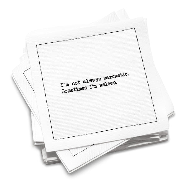 Close up of a white cotton cocktail napkin with a printed quote