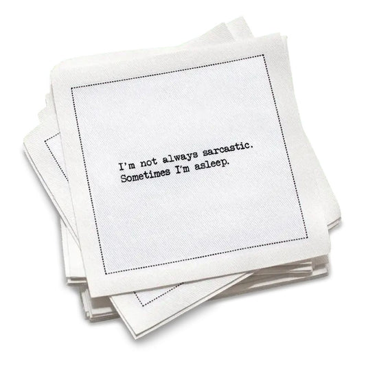 Organic cotton cocktail napkin, white, with black dotted border printed with the quote "I am not arguing, I'm just explaining why I am right," from Five Star Napkins' Snarky quote collection