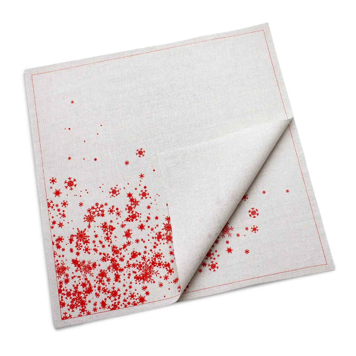 Folded natural organic cotton dinner napkin with a red snowflake print, by Five Star Napkins.