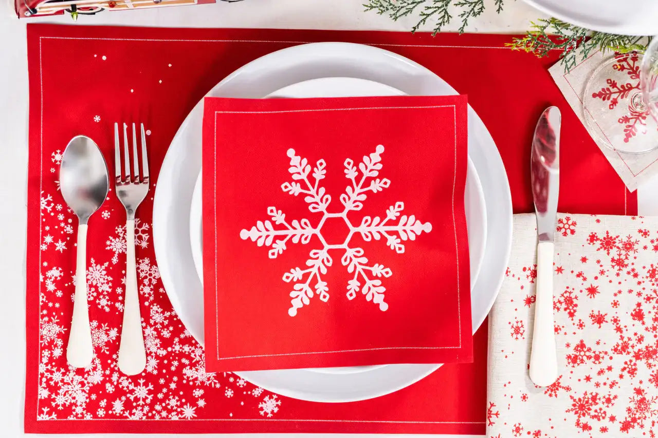 Organic cotton Toreador napkin with white snowflake on holiday table setting
