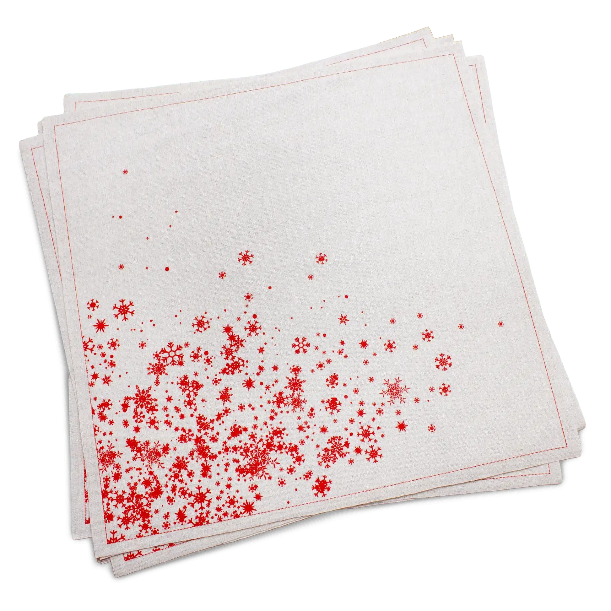 Stack of natural organic cotton dinner napkins with a red snowflake print, by Five Star Napkins.