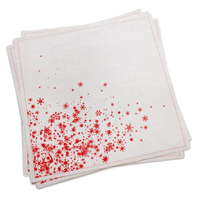 Stack of natural organic cotton dinner napkins with a red snowflake print, by Five Star Napkins.