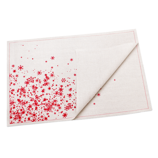 Organic cotton placemat with red star pattern, folded, Five Star Napkins luxury table linen