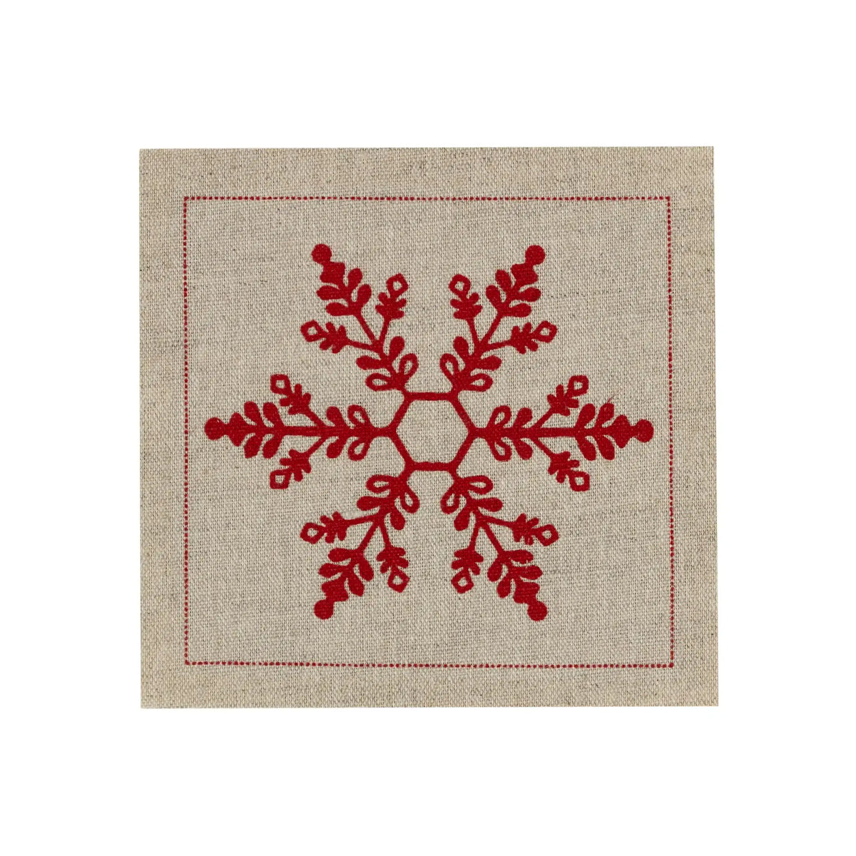 Organic cotton cocktail napkin with red Toreador snowflake embroidery on natural fabric.