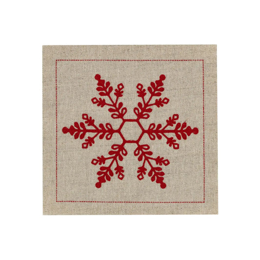 Organic cotton cocktail napkin with red Toreador snowflake embroidery on natural fabric.