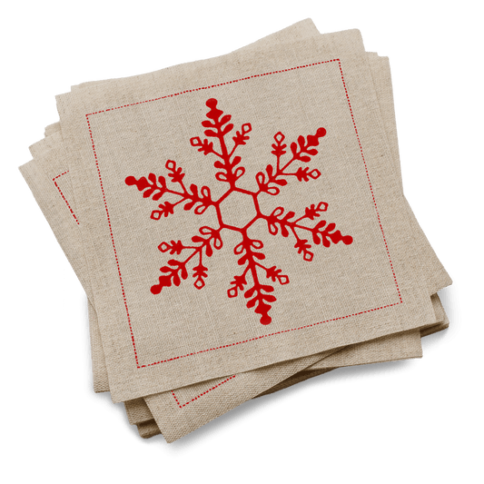 Luxury organic cotton cocktail napkins with red snowflake design from Five Star Napkins
