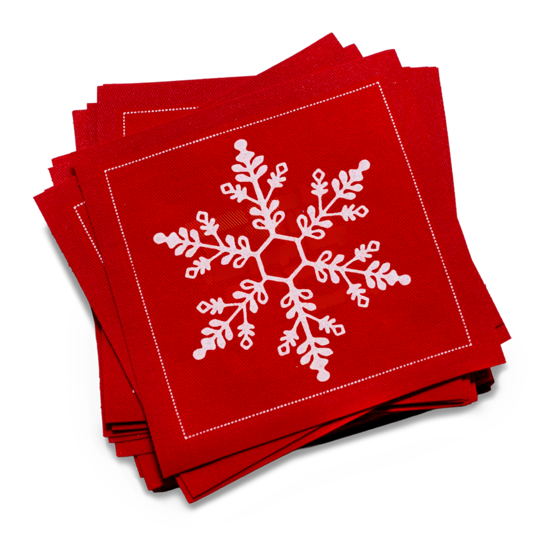 Red luxury cocktail napkins with white snowflake design from Five Star Napkins.