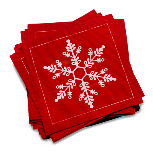 Red luxury cocktail napkins with white snowflake design from Five Star Napkins.