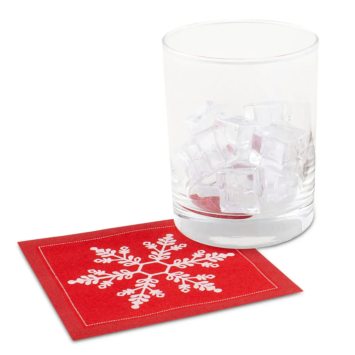 organic cotton cocktail napkin in RedSnowflake design with glass and ice
