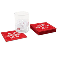 RedSnowflake organic cotton cocktail napkins with white snowflake design, glass with ice